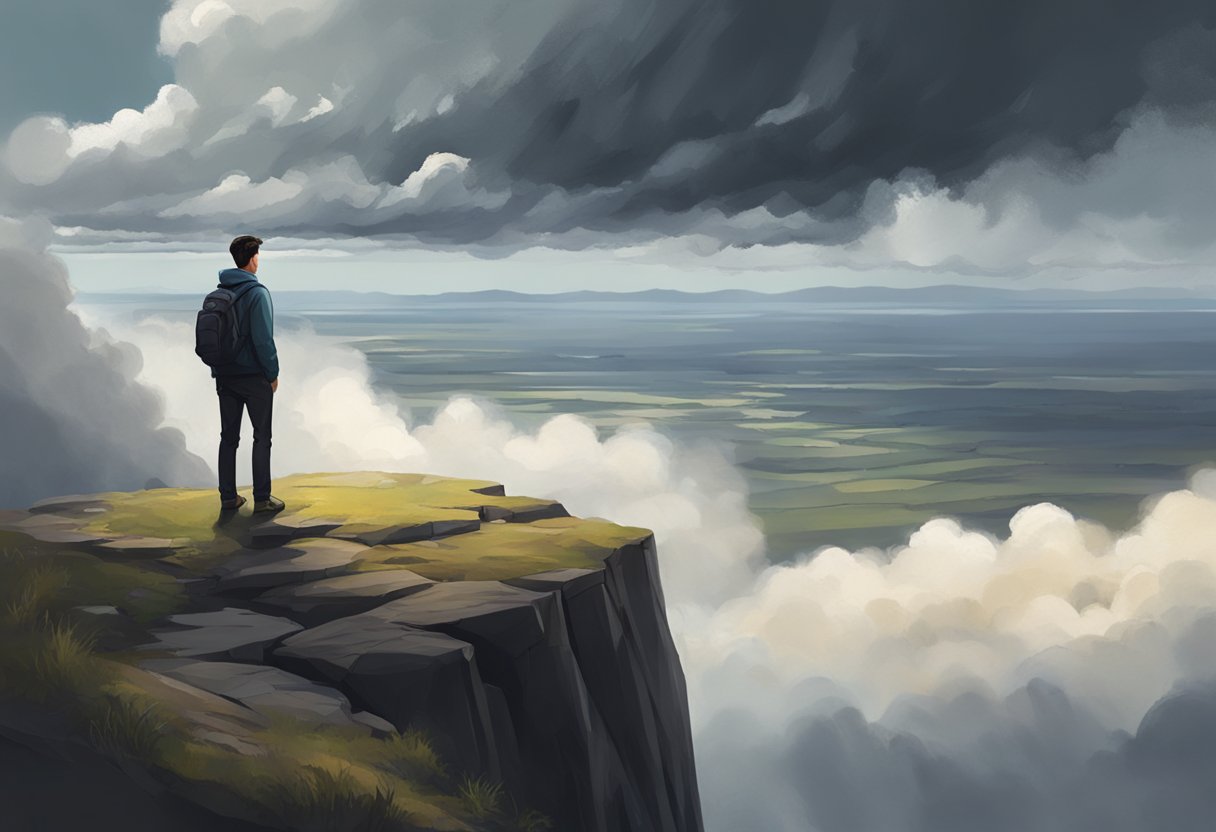 A person standing at the edge of a cliff, looking down at the vast expanse below, with a storm brewing in the distance