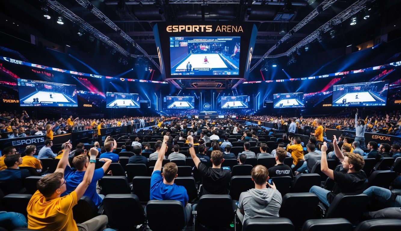 Sebuah arena esports yang ramai dengan pertandingan intens di layar besar dan penonton antusias yang bersorak