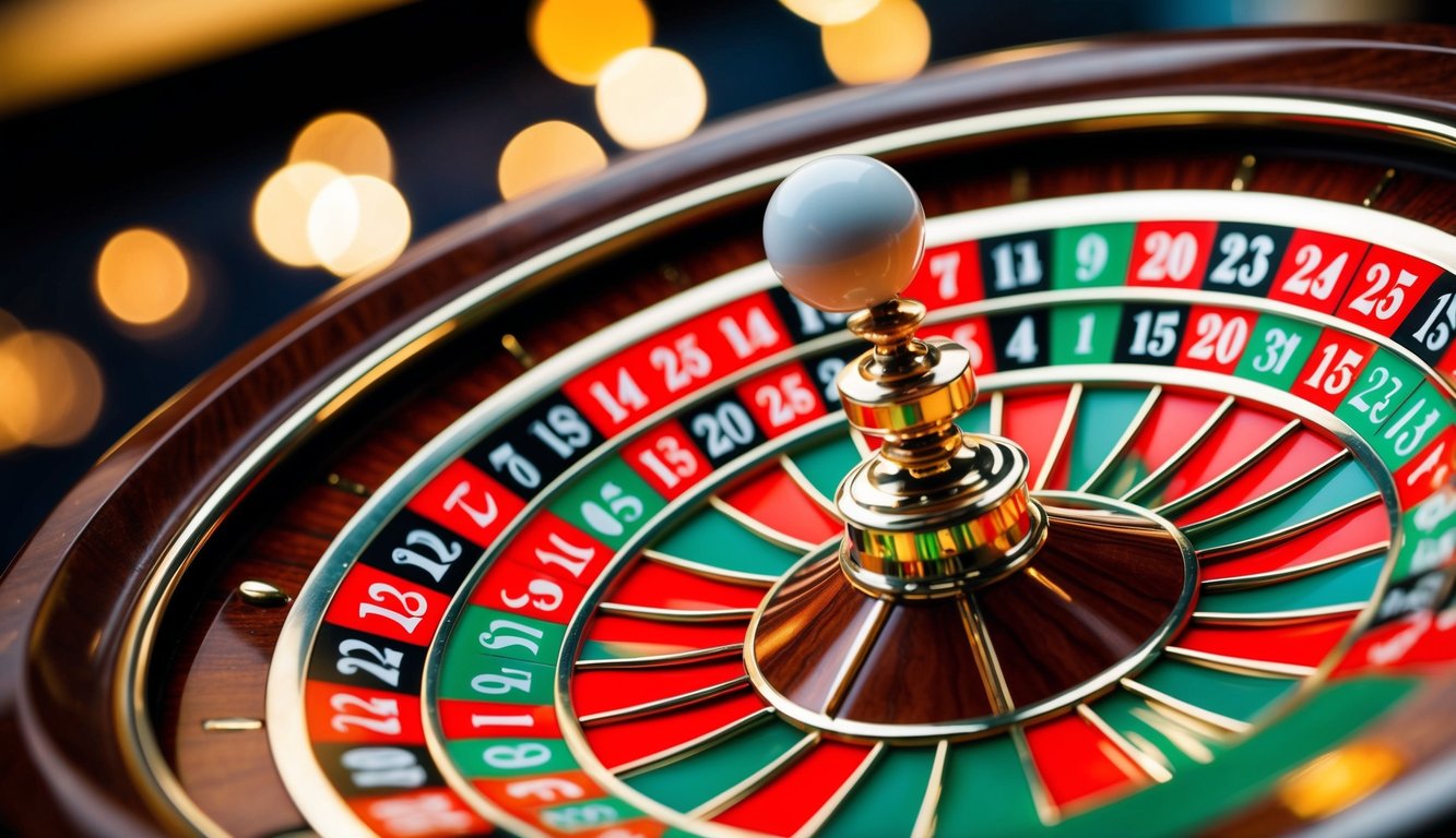 Roda roulette yang berputar dengan slot bernomor berwarna-warni dan bola putih kecil yang melompat-lompat di dalamnya