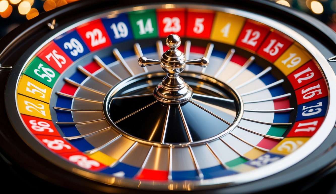 Roda roulette online yang berputar dengan slot bernomor berwarna-warni dan bola perak kecil yang melompat-lompat