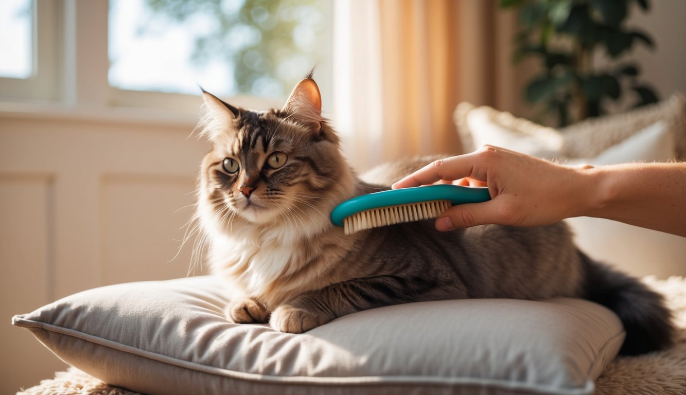 A Himalayan cat being groomed with a brush, sitting on a plush cushion in a cozy, sunlit room