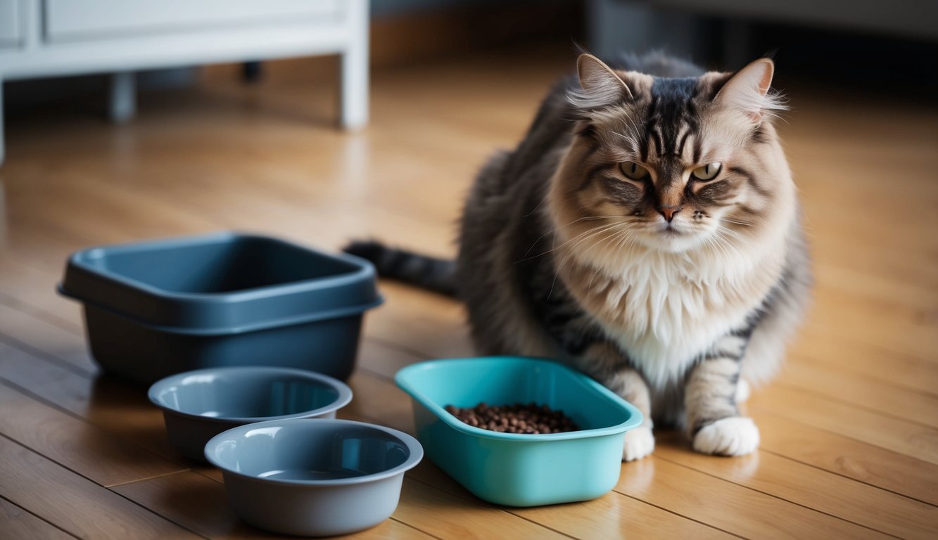 A Himalayan cat sits with a sad expression, surrounded by empty food bowls and a litter box. Its fur looks unkempt and it appears lethargic