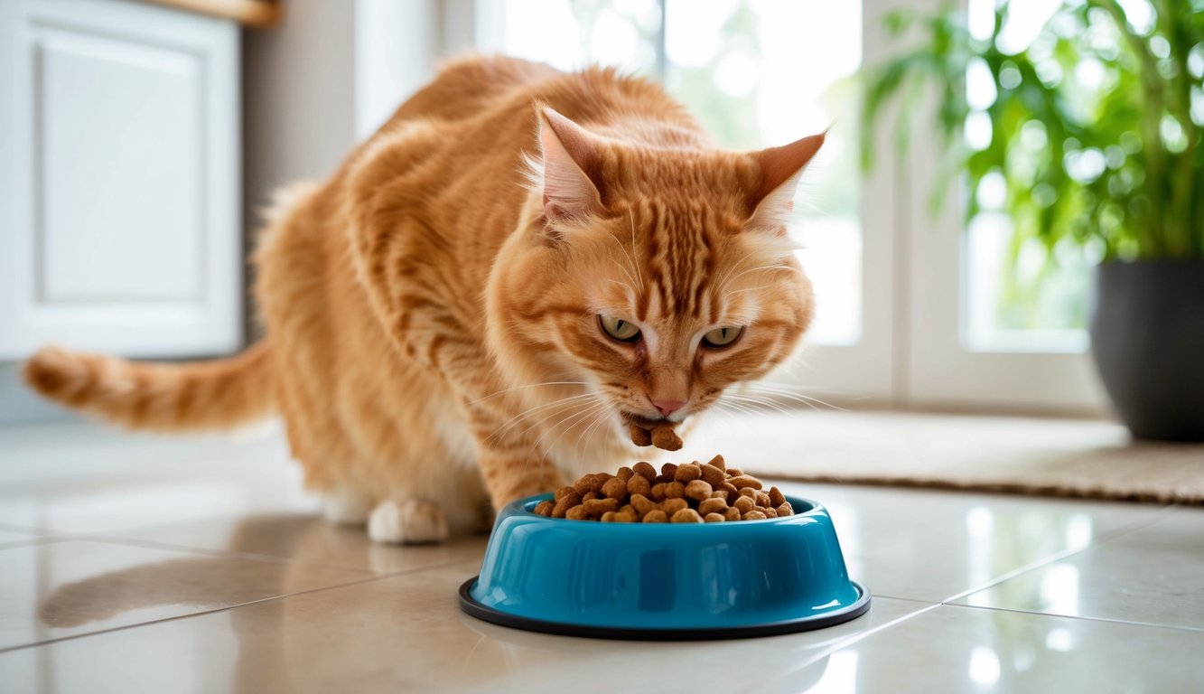 A Himalayan cat eagerly eats from a bowl of premium cat food on a clean kitchen floor, with a window in the background letting in natural light