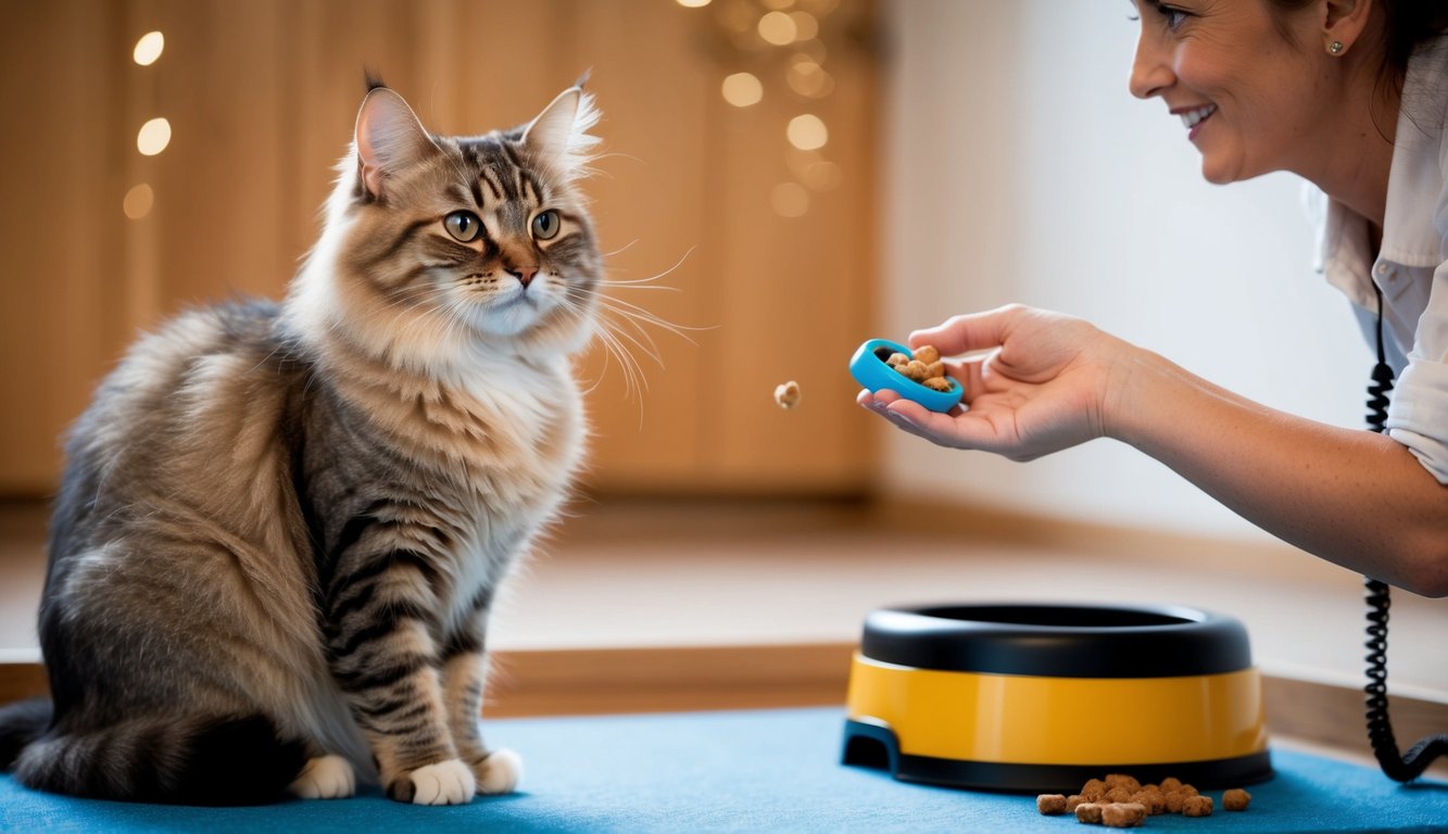 A Himalayan cat sitting calmly, receiving a treat for good behavior. A trainer nearby with a clicker and treats