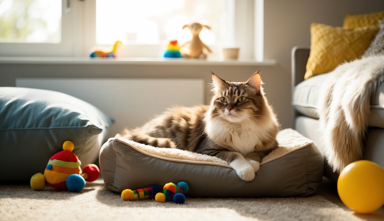 A Himalayan cat lounging in a cozy sunlit room, surrounded by toys and a plush bed