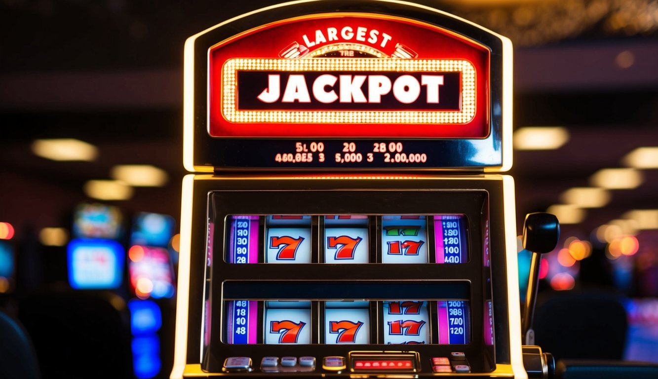 Sebuah mesin slot berwarna-warni yang berkedip dengan lampu dan menampilkan hadiah jackpot terbesar