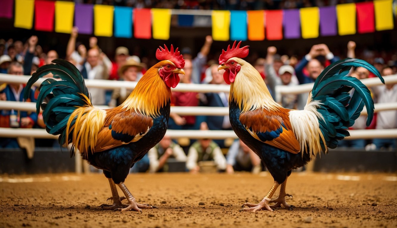 Dua ayam jantan berhadapan di arena yang ramai, dikelilingi oleh penonton yang bersorak dan spanduk berwarna-warni