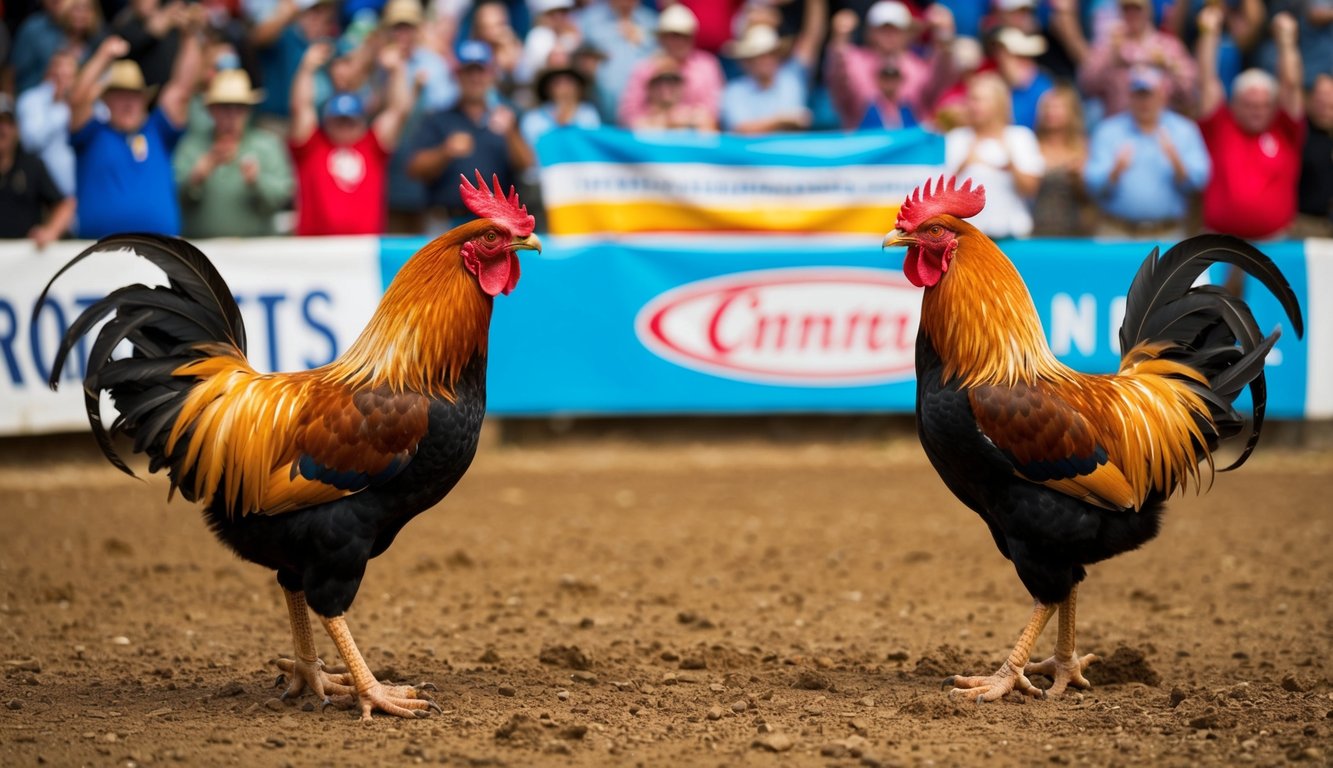 Dua ayam jantan berhadapan di sebuah lubang tanah yang dikelilingi oleh penonton yang bersorak dan spanduk berwarna-warni