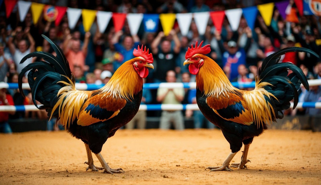 Dua ayam jantan berhadapan di arena yang ramai, dikelilingi oleh penonton yang bersorak dan spanduk berwarna-warni