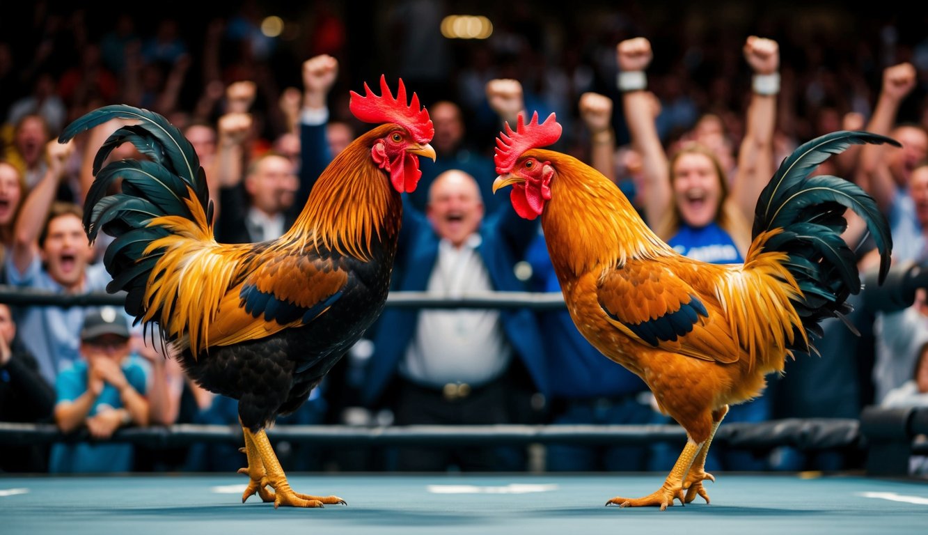 Dua ayam jantan berhadapan di arena yang ramai, dikelilingi oleh penonton yang antusias bersorak untuk petarung favorit mereka