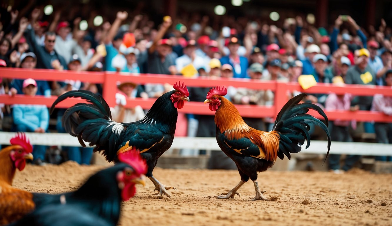 Sebuah arena luar ruangan yang ramai dengan ayam jantan bertarung sementara penonton bersorak dan memasang taruhan