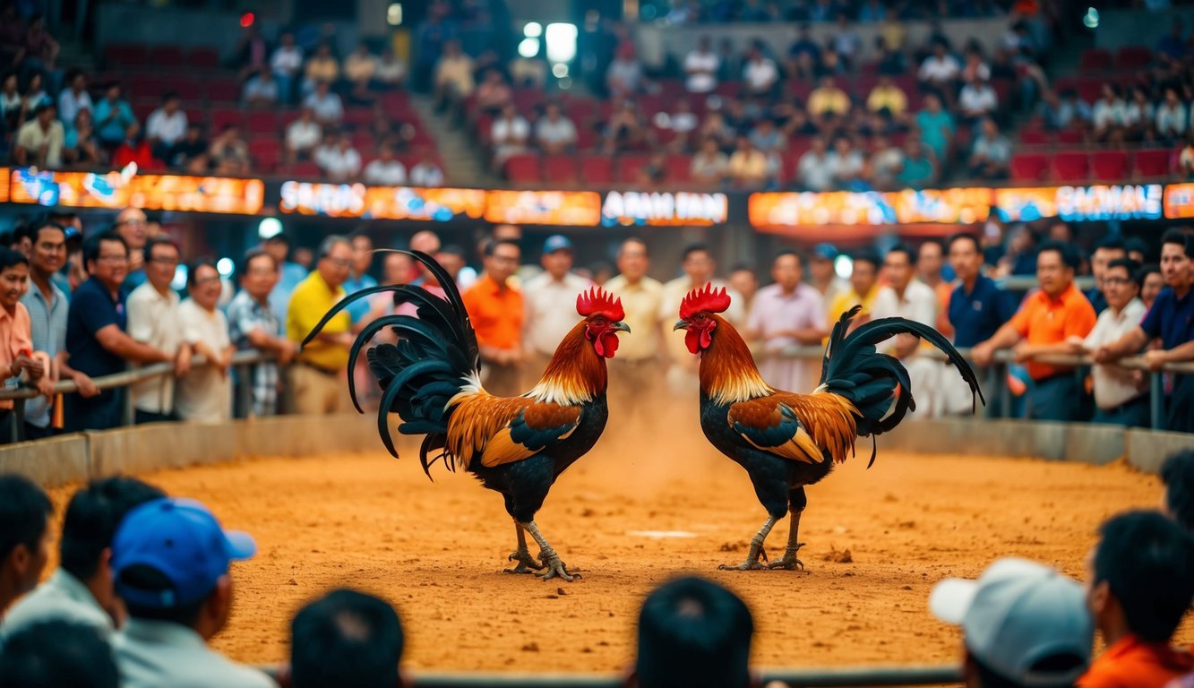 Sebuah arena yang ramai dengan ayam jantan yang berhadapan dalam pertandingan sabung ayam yang sengit, dikelilingi oleh penonton yang antusias