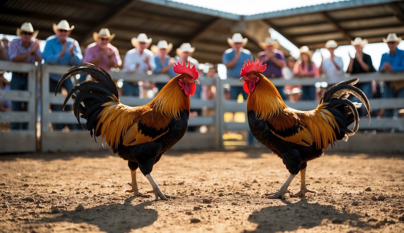 Dua ayam jantan berhadapan di arena tanah, dikelilingi oleh penonton yang bersorak. Matahari bersinar di atas, melemparkan bayangan panjang di tanah.