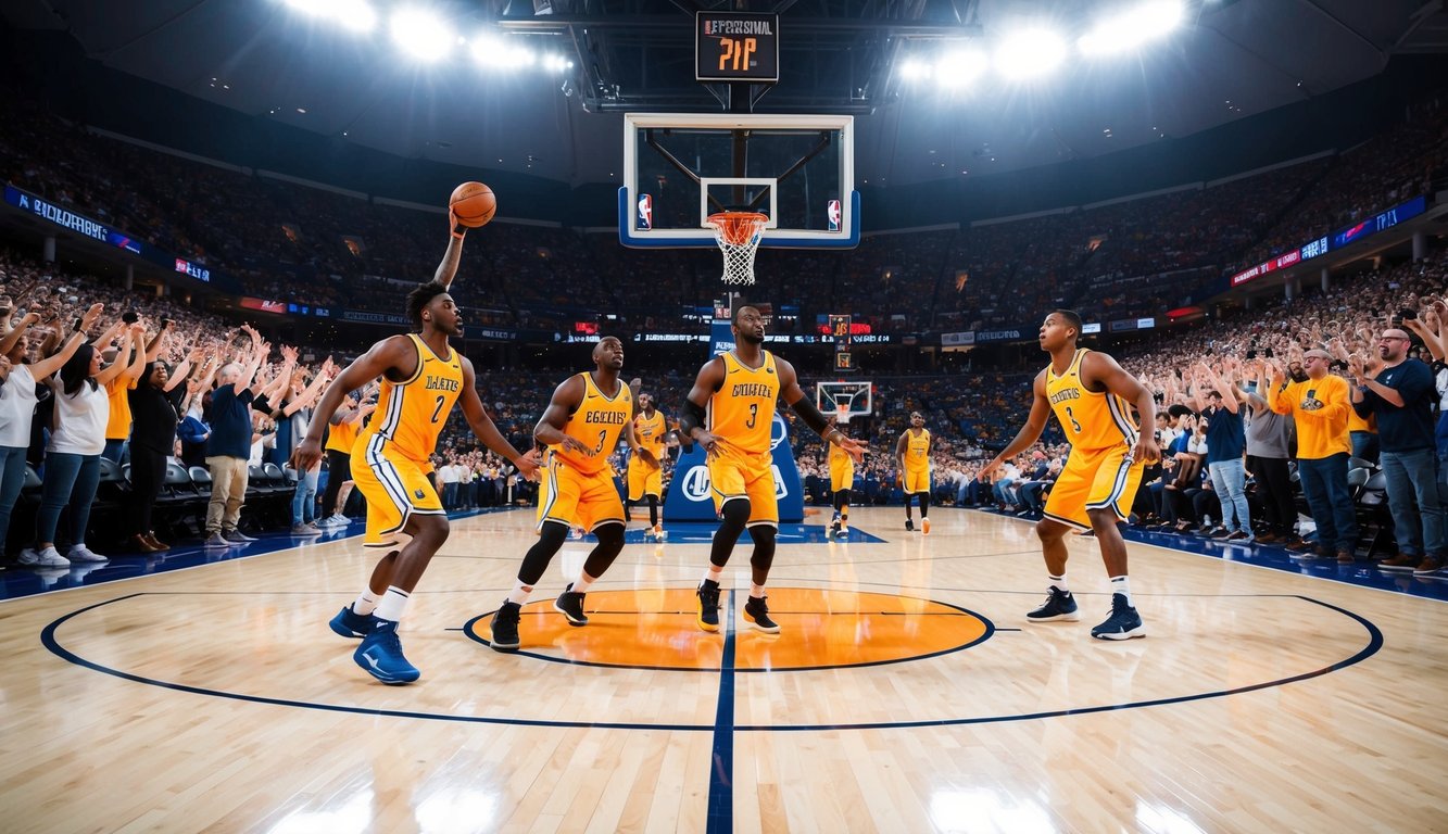 Sebuah lapangan basket dengan pemain yang sedang beraksi, dikelilingi oleh penggemar yang bersorak di sebuah stadion