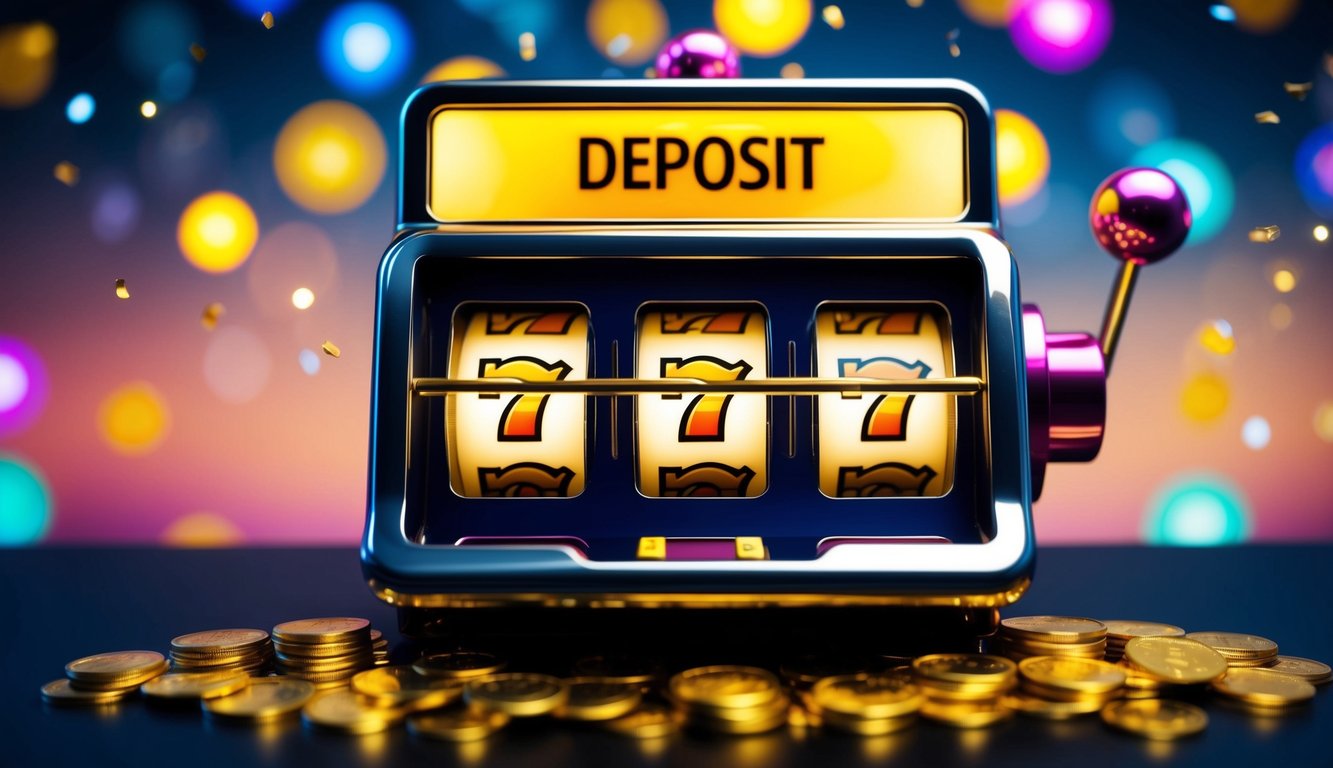 Sebuah mesin slot yang bersinar dengan tombol deposit yang berdenyut, dikelilingi oleh kerumunan simbol dan koin berwarna-warni.