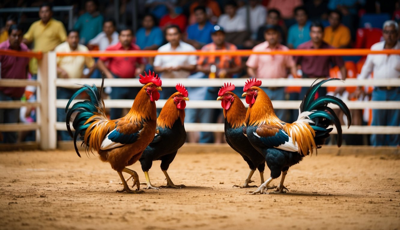 Sebuah arena yang ramai dengan ayam jantan berwarna-warni yang berhadapan dalam pertandingan sabung ayam resmi, dikelilingi oleh penonton yang antusias dan bandar taruhan.