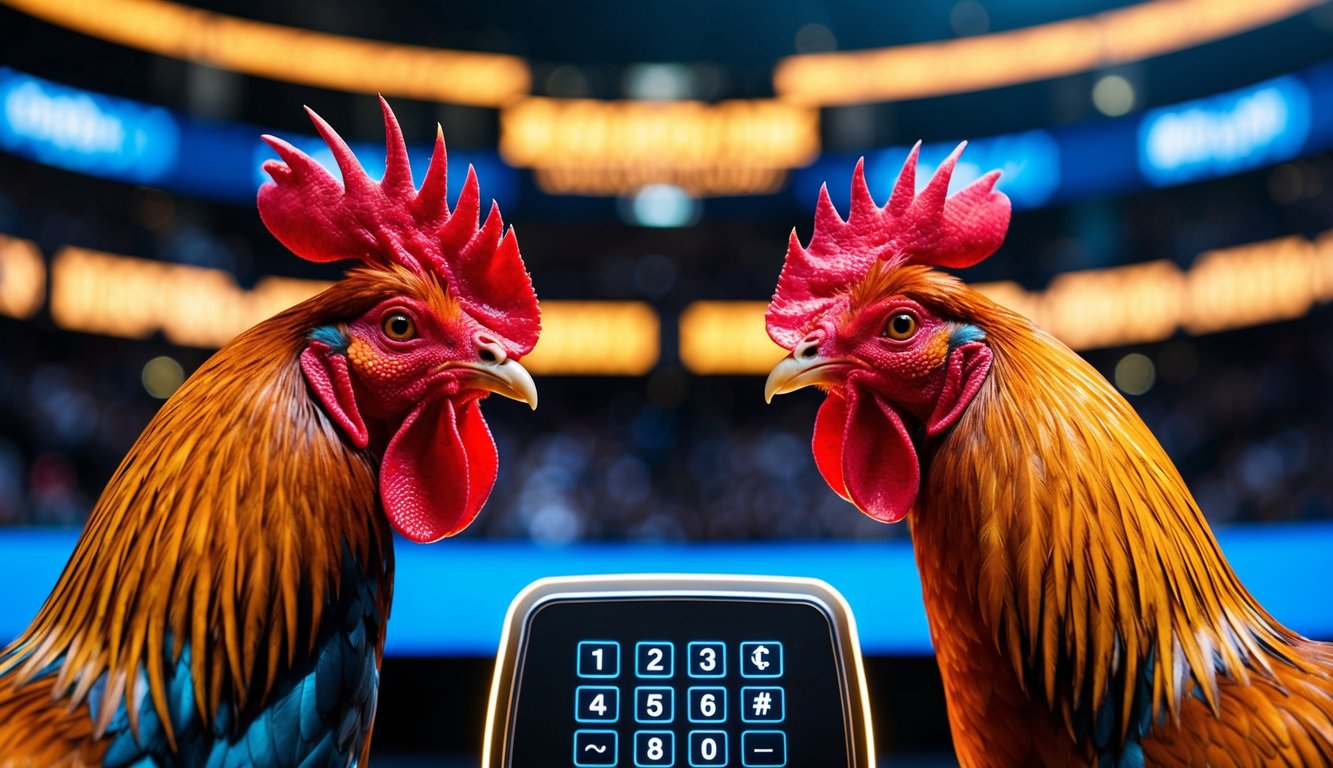 Dua ayam jantan berhadapan di arena digital, dengan papan ketik yang bersinar untuk menyetor kredit