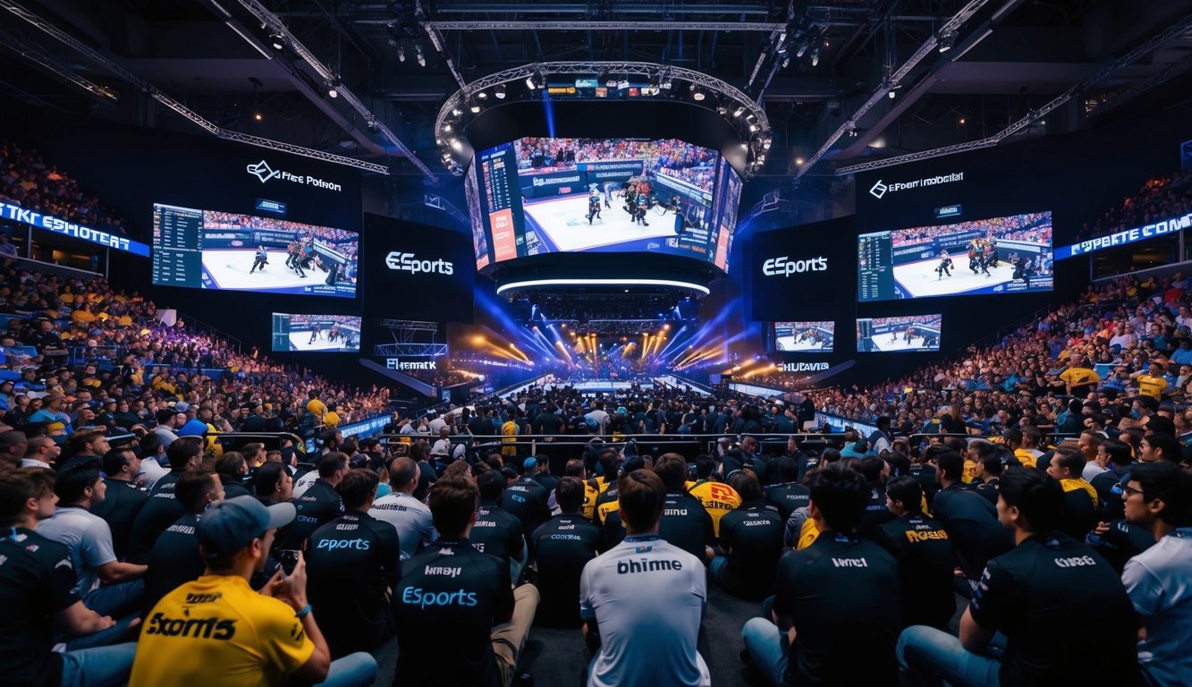 Sebuah arena yang ramai dengan layar besar yang menampilkan pertandingan esports yang intens, dikelilingi oleh penonton yang antusias dan spanduk tim yang berwarna-warni