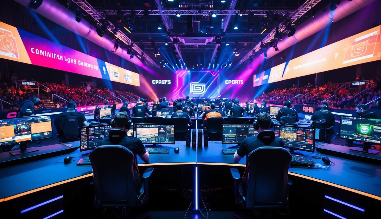 Sebuah arena esports yang dinamis dengan pemain yang bersaing dalam pertandingan online, dikelilingi oleh peralatan canggih dan tampilan digital yang cerah