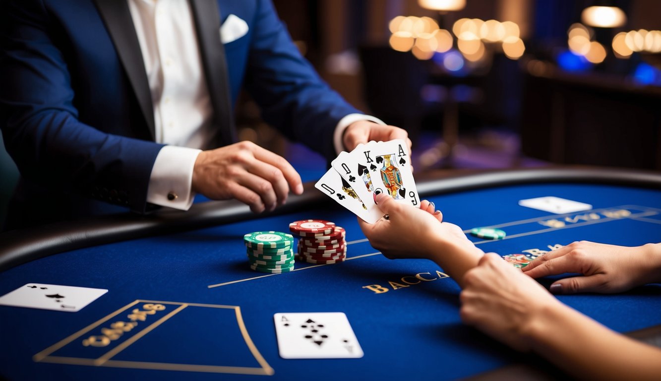 Antarmuka kasino online yang ramping dan modern dengan meja baccarat virtual dan kartu digital yang dibagikan