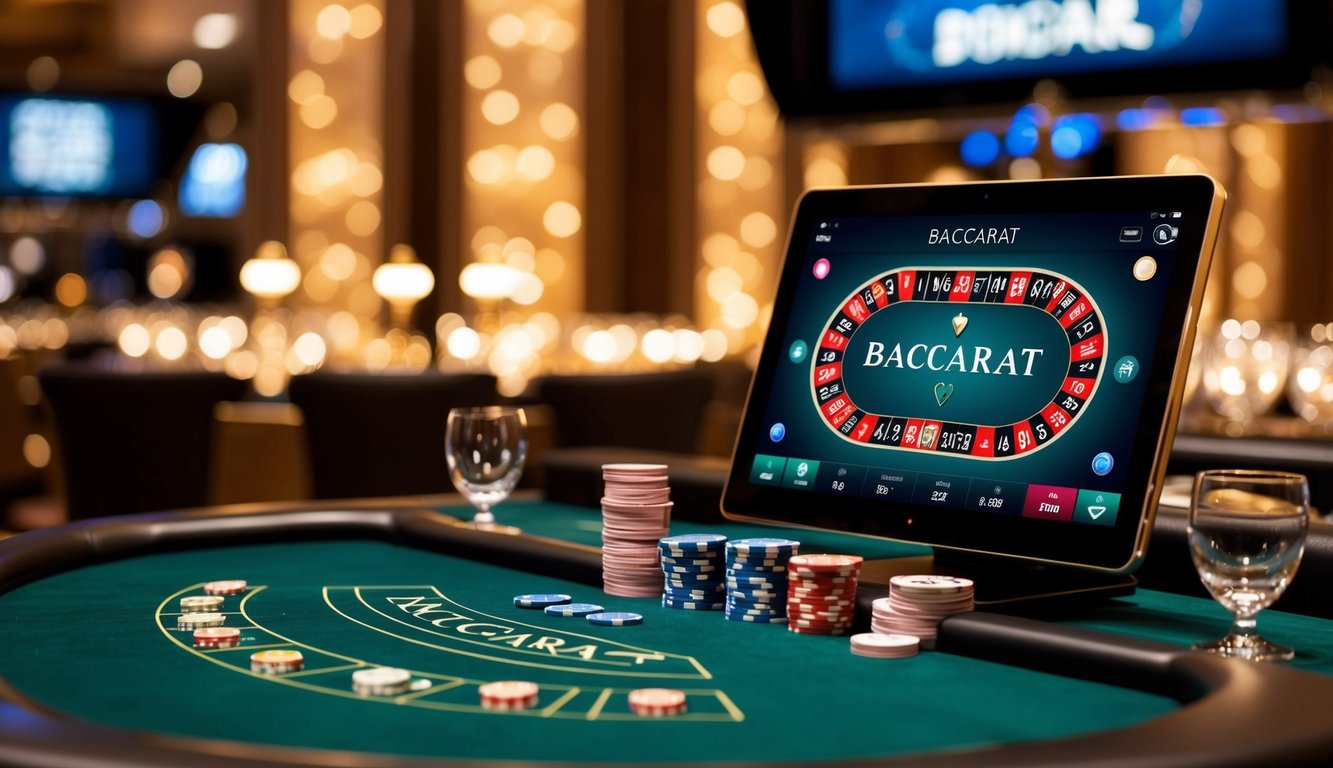 Sebuah meja kasino yang glamor dengan kartu, chip, dan antarmuka baccarat yang ramping di layar digital. Lampu yang bersinar dan suasana yang canggih.