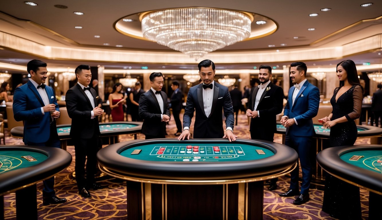 Sebuah pengaturan kasino mewah dengan meja baccarat dikelilingi oleh pemain yang berpakaian elegan dan suasana yang glamor