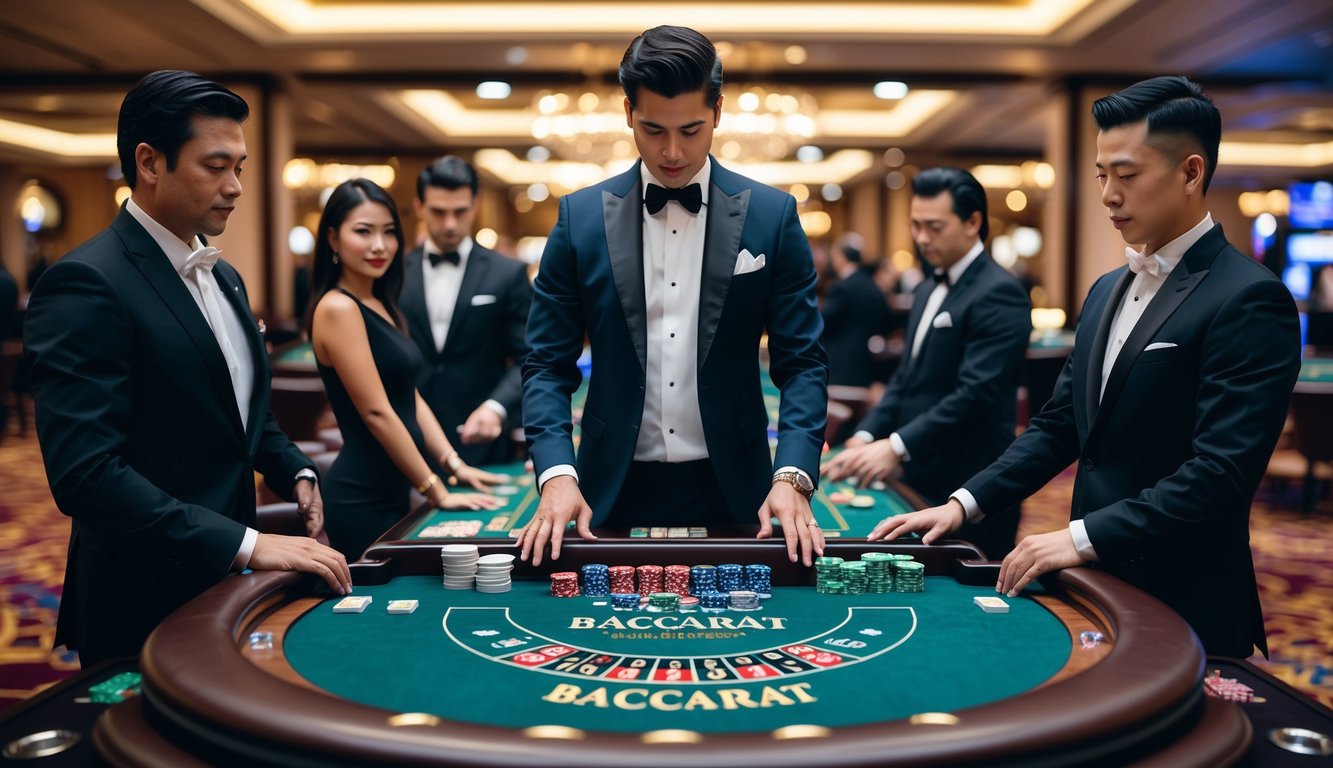 Sebuah setting kasino mewah dengan meja baccarat dikelilingi oleh pemain dan seorang dealer, dengan taruhan tinggi dan fokus yang intens