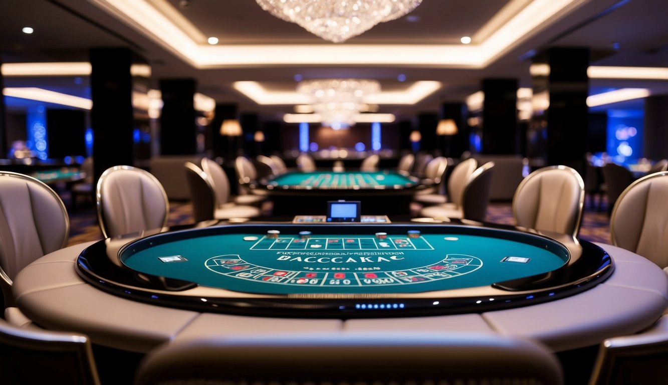 Sebuah setting kasino yang ramping dan modern dengan meja Baccarat yang bersinar dikelilingi oleh kursi-kursi elegan dan suasana yang canggih serta mewah