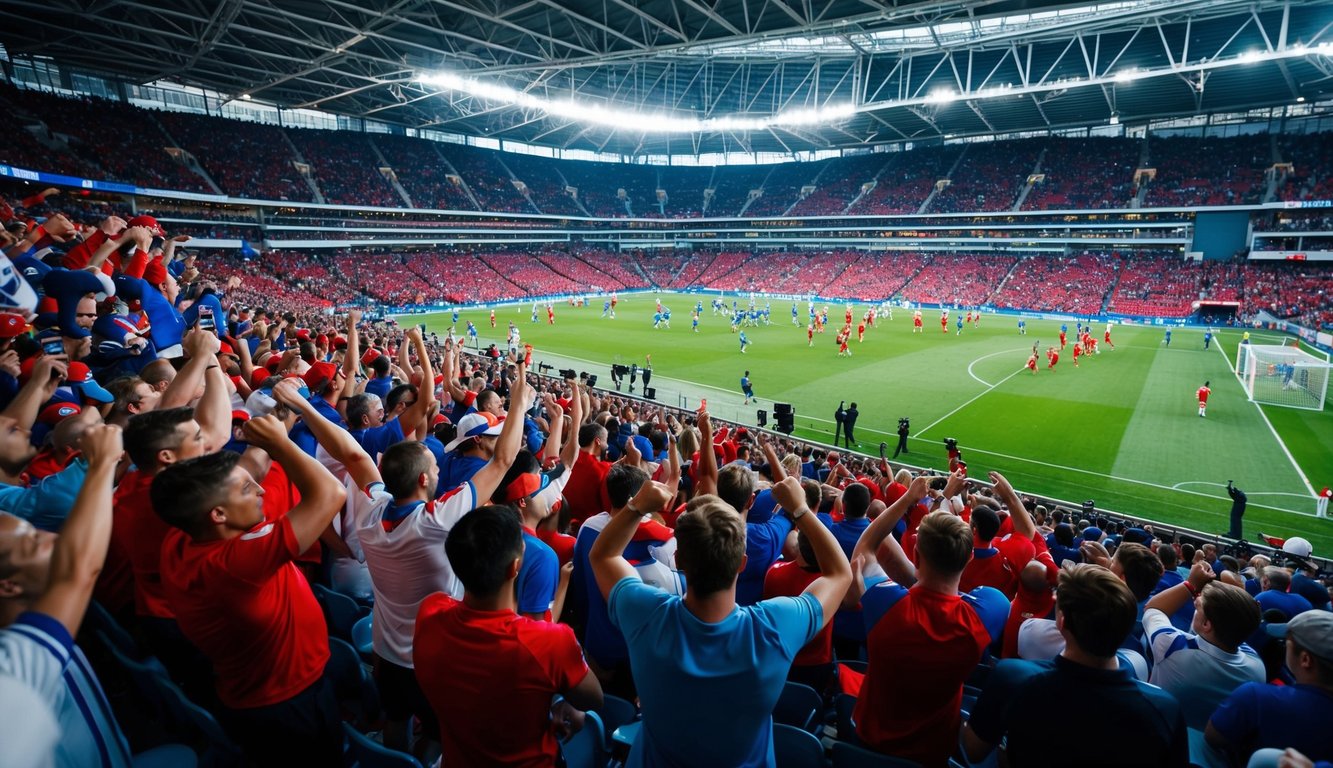 Sebuah stadion olahraga yang ramai dengan penggemar yang bersorak dan atlet yang sedang beraksi