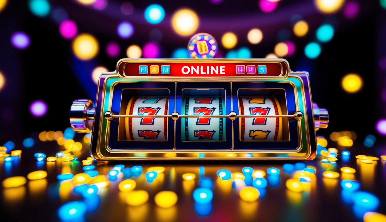 Sebuah mesin slot online yang berwarna-warni dan penuh semangat dikelilingi oleh cahaya dan simbol yang bersinar, dengan nuansa kegembiraan dan antisipasi di udara