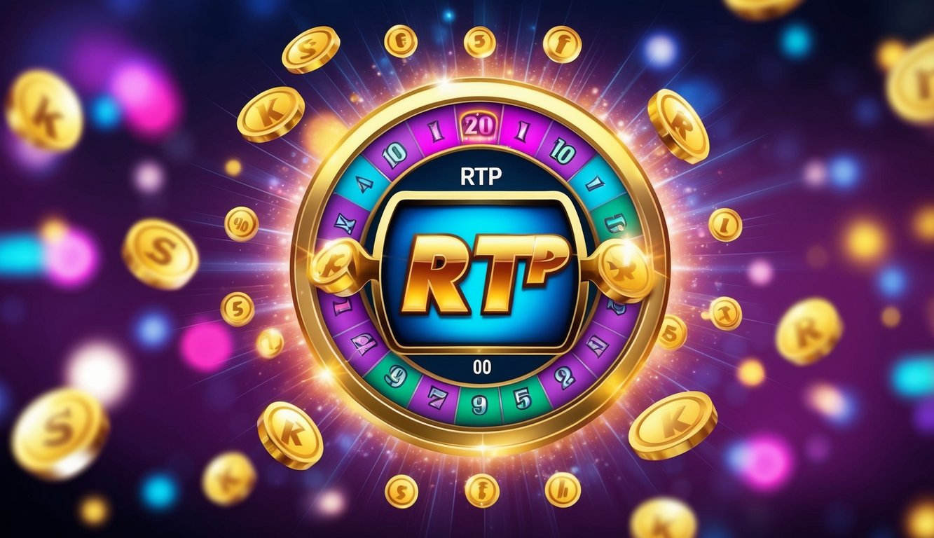 Sebuah permainan slot online yang hidup dengan meter RTP di titik tertinggi, dikelilingi oleh simbol yang bersinar dan latar belakang yang dinamis