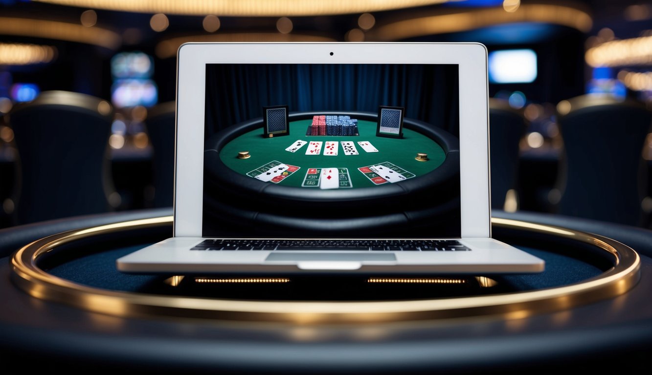 Sebuah layar digital menampilkan meja blackjack virtual dengan kartu dan chip, dikelilingi oleh suasana kasino yang gelap dan ramping