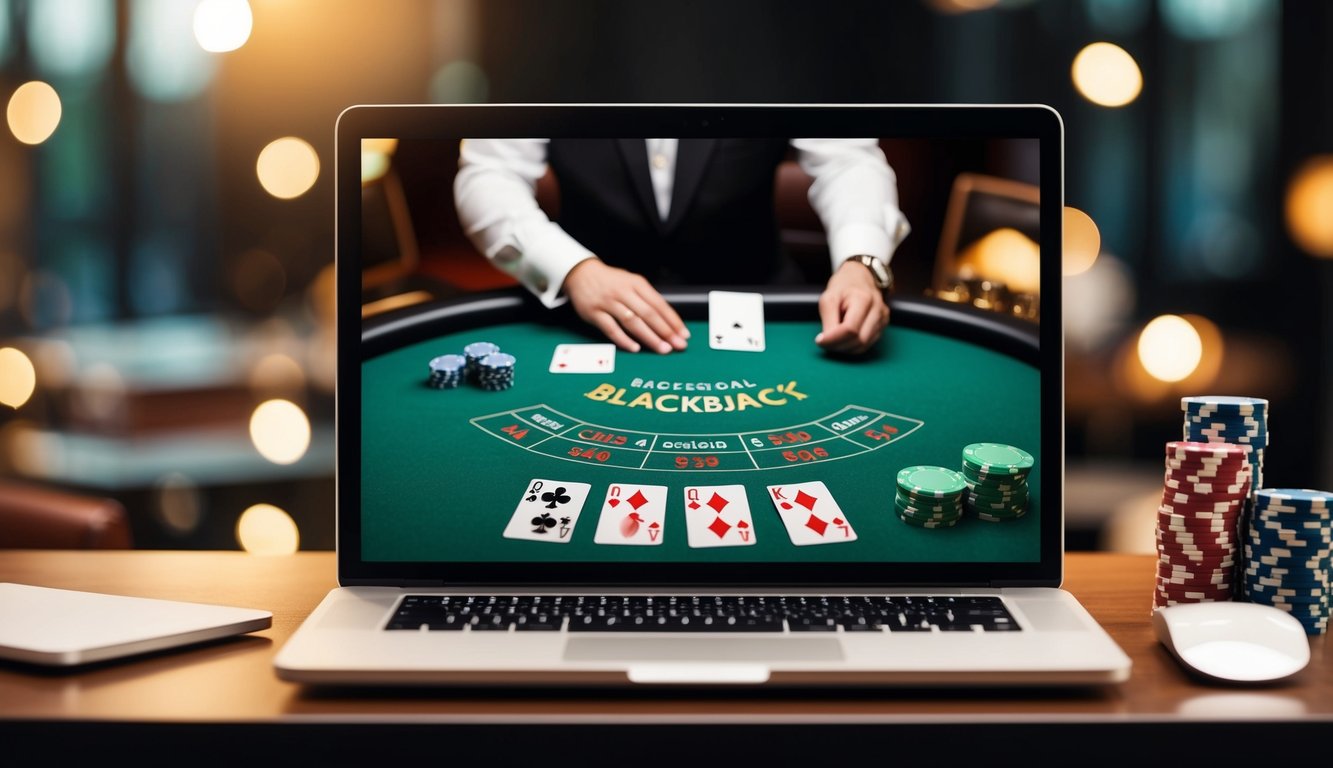 Meja blackjack virtual dengan kartu, chip, dan dealer di layar komputer