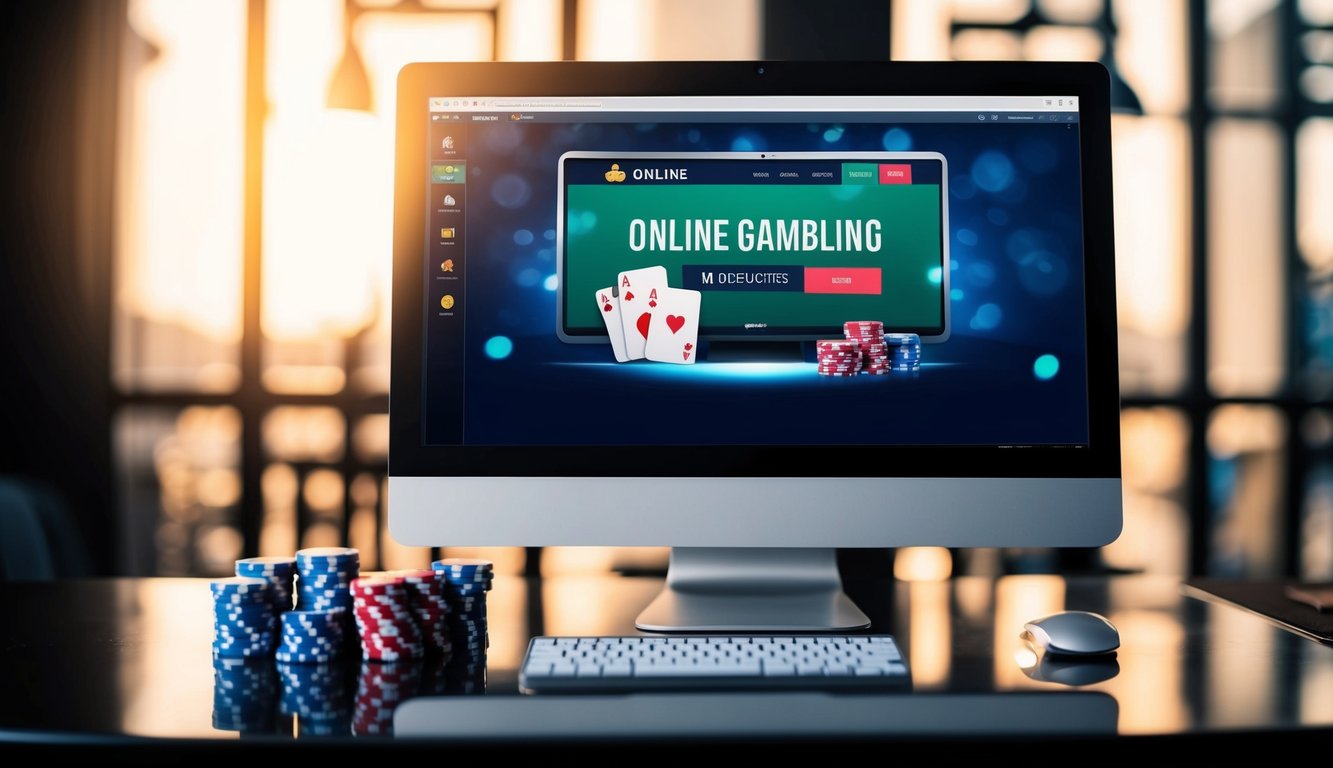 Sebuah layar komputer menampilkan situs web perjudian online tanpa potongan, dikelilingi oleh tumpukan chip poker dan satu set kartu