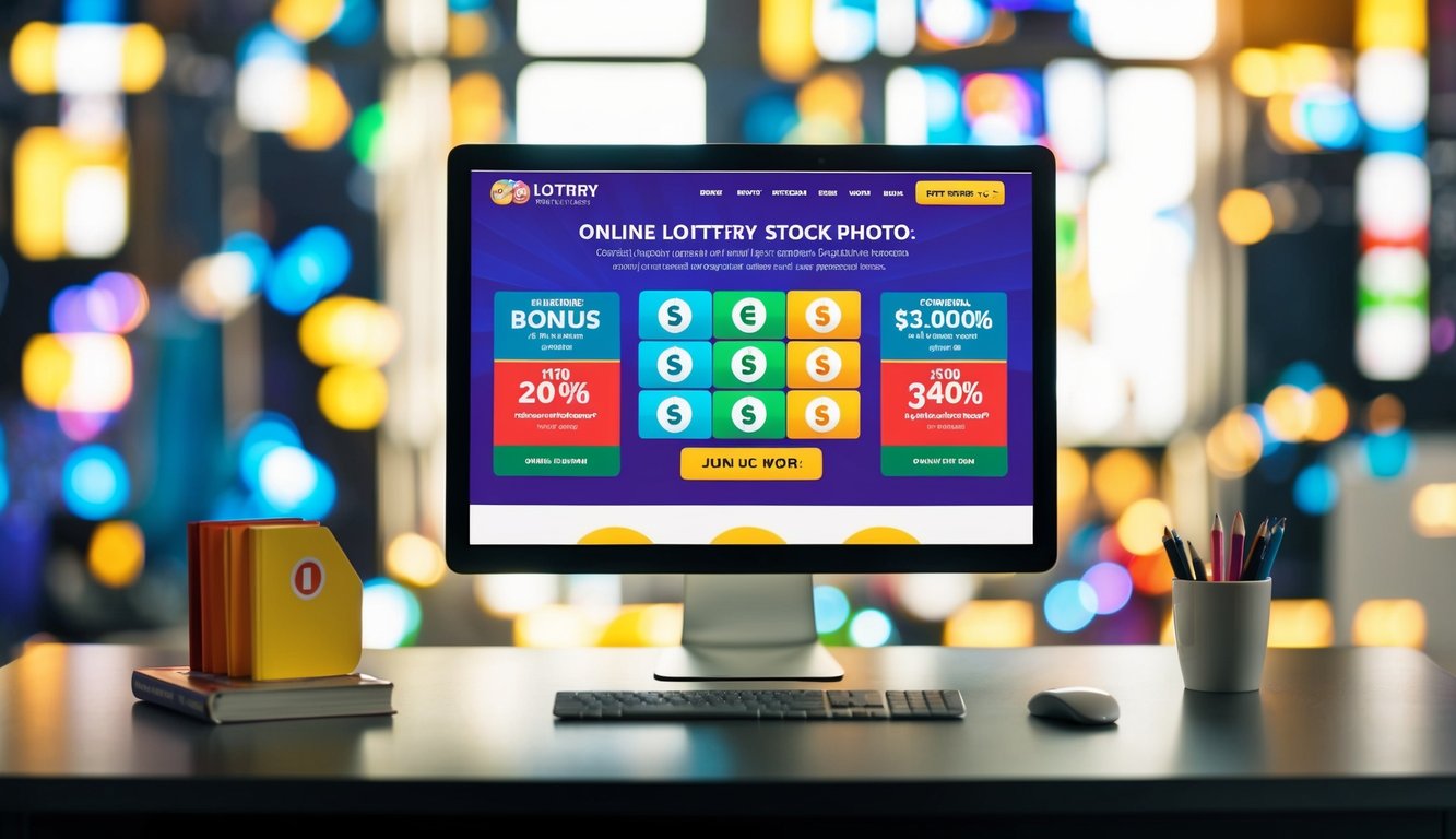 Sebuah situs web lotere online yang berwarna-warni dengan bonus dan promosi menarik yang ditampilkan di layar komputer