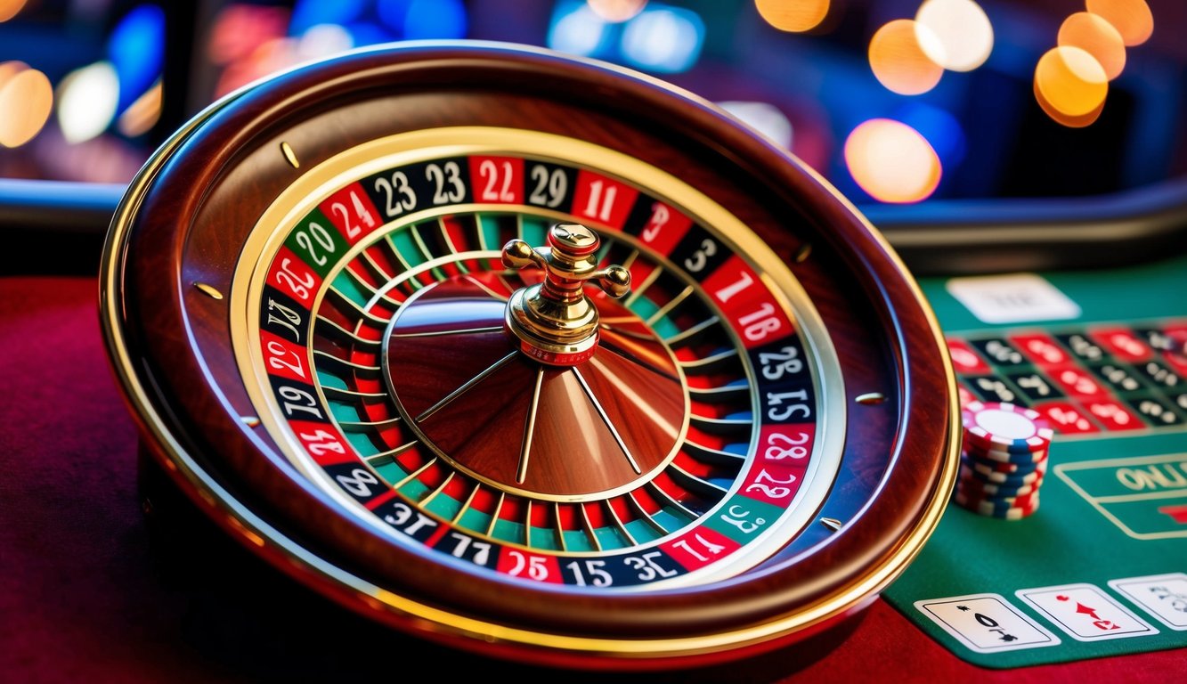 Roda roulette berwarna-warni berputar di meja kasino online yang penuh warna