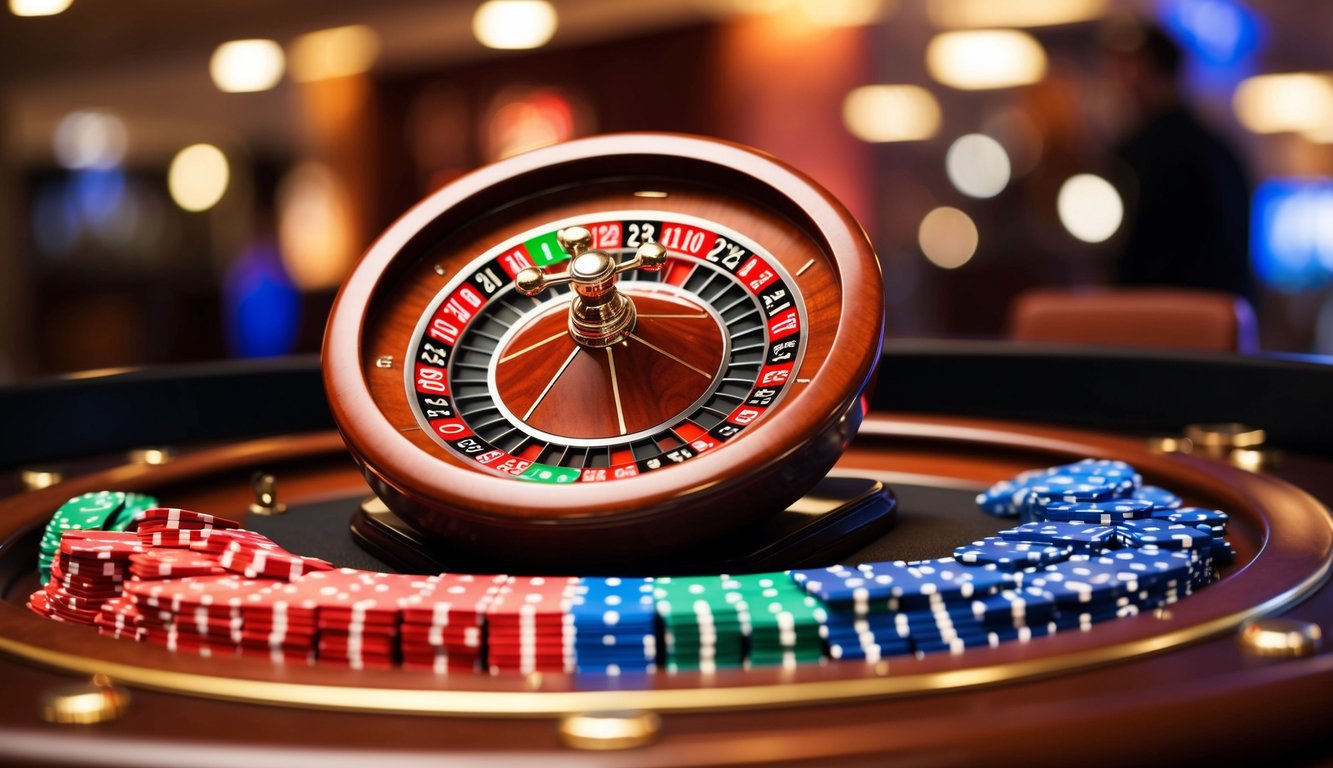 Roda roulette berputar, dengan chip berwarna-warni tersebar di sekitar meja