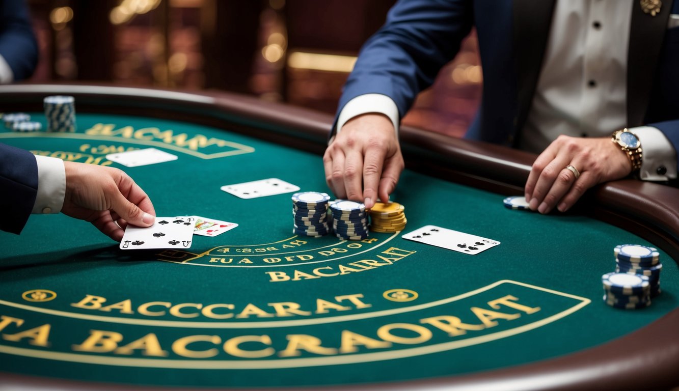 Sebuah meja baccarat dengan kartu, chip, dan tangan dealer yang membagikan kartu kepada pemain