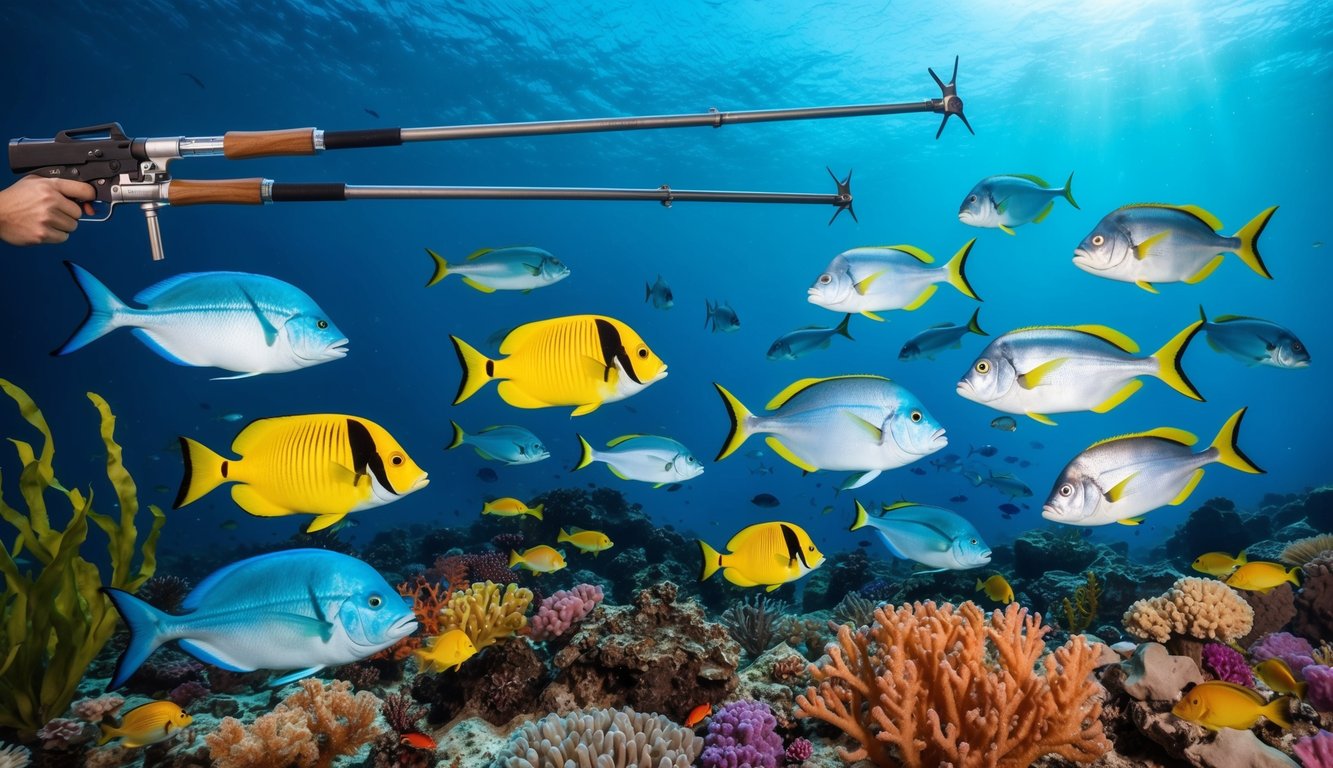 Dunia bawah laut yang berwarna-warni dengan berbagai spesies ikan yang sedang berenang. Senapan harpun mengarah ke ikan. Terumbu karang dan rumput laut yang cerah di latar belakang.