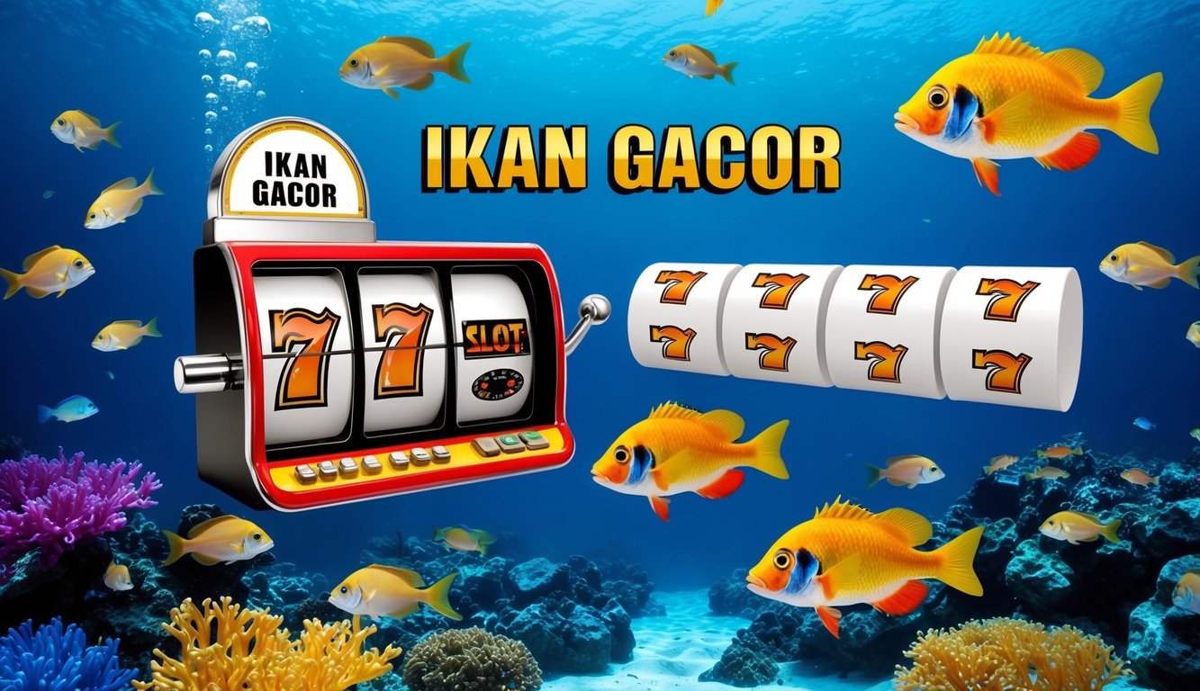 Sebuah pemandangan bawah air yang hidup dengan ikan berwarna-warni dan mesin slot yang sedang berputar untuk ilustrasi "ikan gacor"