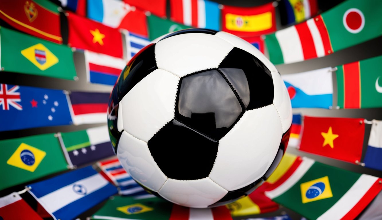 Sebuah bola sepak dikelilingi oleh berbagai bendera internasional dan odds taruhan