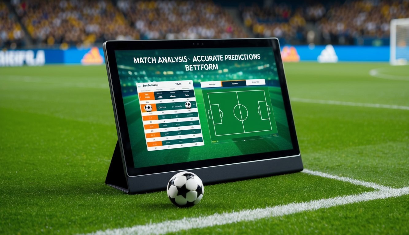 Sebuah lapangan sepak bola dengan layar digital yang menampilkan analisis pertandingan dan prediksi akurat untuk platform taruhan online