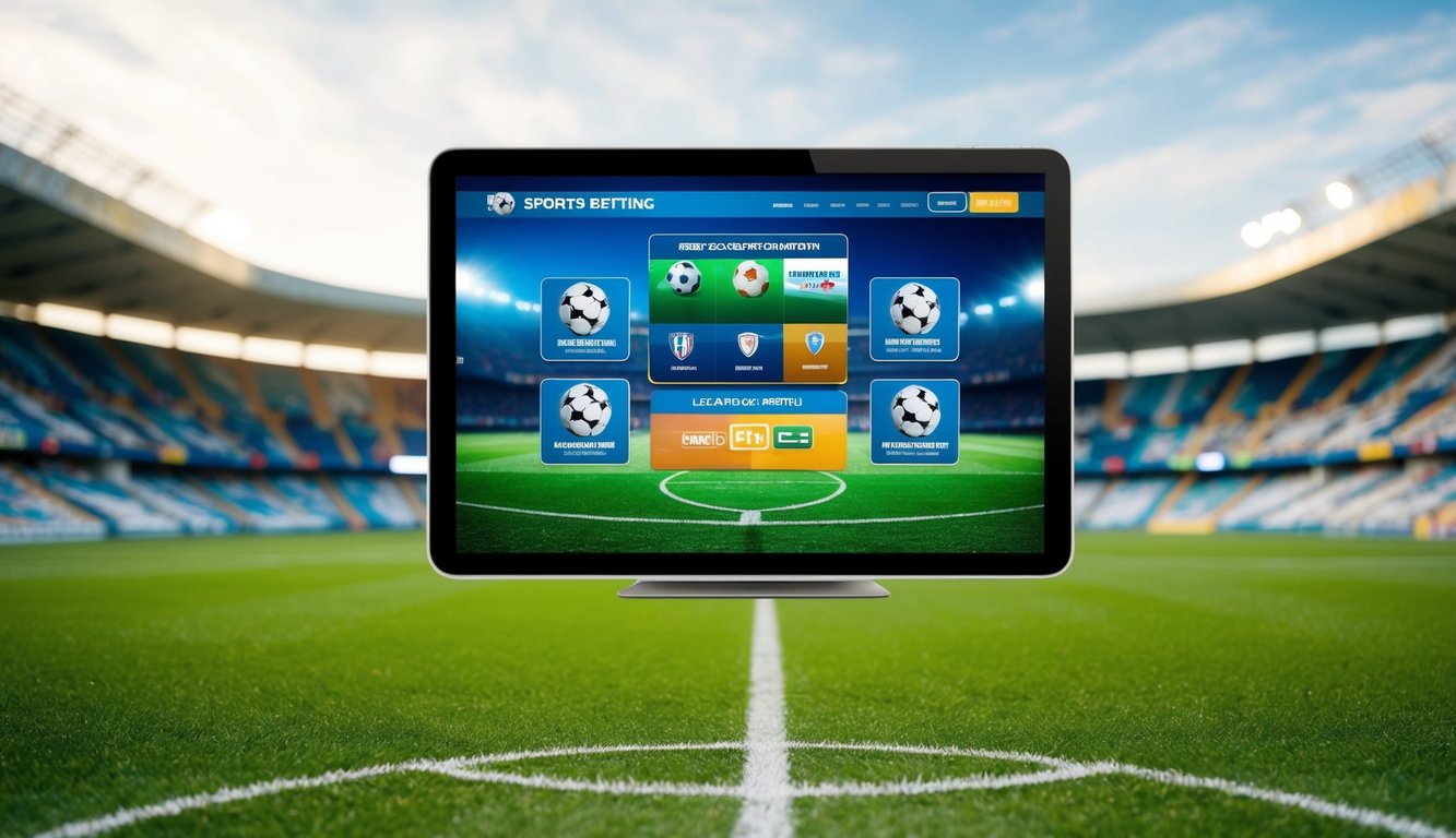 Sebuah lapangan sepak bola dengan layar streaming langsung yang menampilkan pertandingan secara real-time untuk taruhan olahraga online