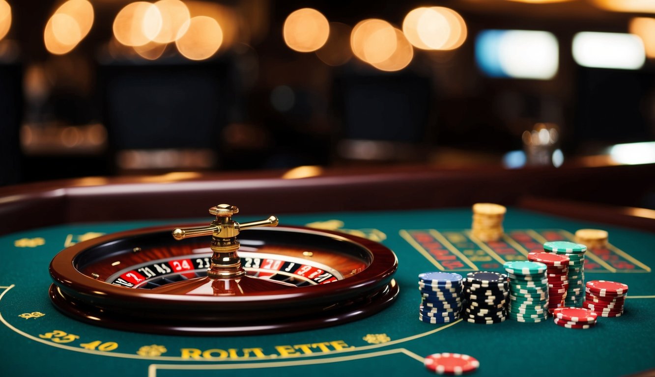 Sebuah roda roulette berputar dengan chip yang ditempatkan di meja taruhan