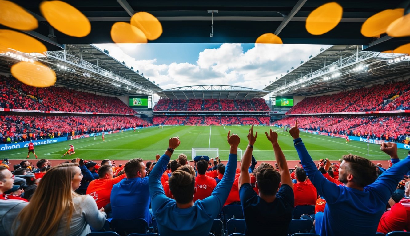 Sebuah stadion olahraga yang ramai dengan penggemar yang bersorak dan pemain yang sedang beraksi