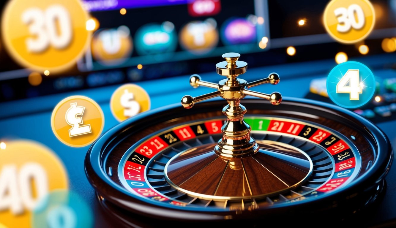 Roda roulette digital berputar di antarmuka kasino online yang bersinar, dikelilingi oleh ikon bonus berwarna-warni dan grafik yang berkilau