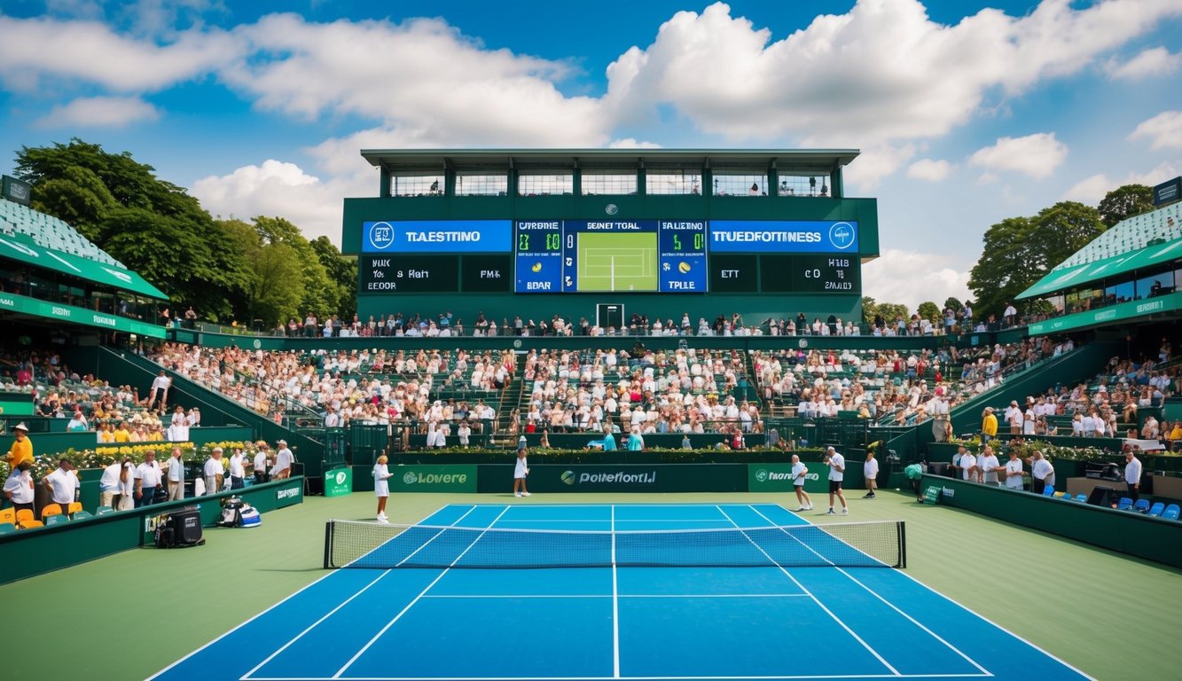 Sebuah lapangan tenis dengan jaring, dikelilingi oleh penonton dan pemain, dengan papan skor dan spanduk yang menunjukkan kepercayaan taruhan