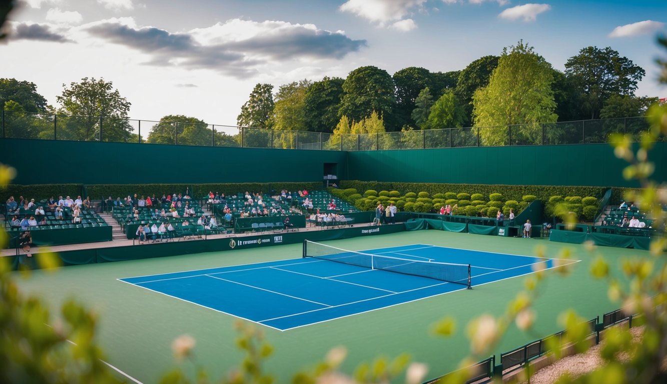 Sebuah lapangan tenis dengan jaring, dikelilingi oleh pepohonan dan penonton