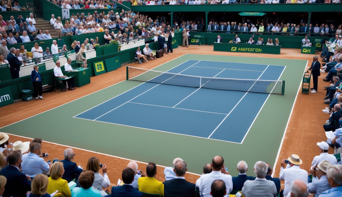 Sebuah lapangan tenis dengan jaring, dikelilingi oleh penonton dan bandar yang memasang taruhan