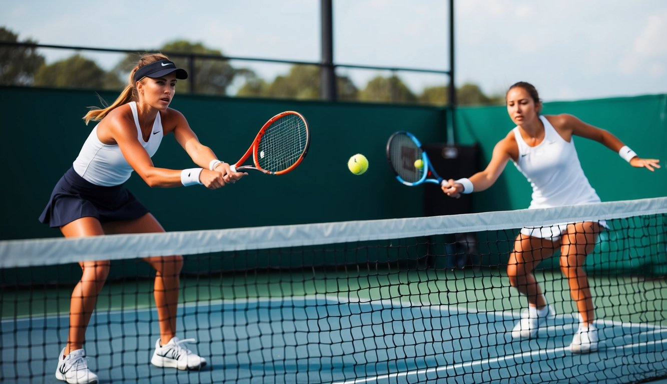 Sebuah bola tenis terbang melewati net saat dua pemain berkompetisi di lapangan